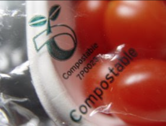 Close up of compostable logo on tomato punnet