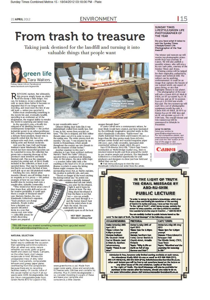 A photo of the Sunday Times Live Article featuring a Green Home bagasse plate