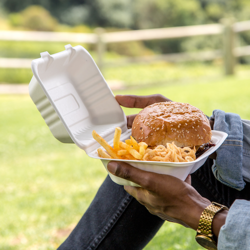 Bagasse takeaway container with burger and chips
