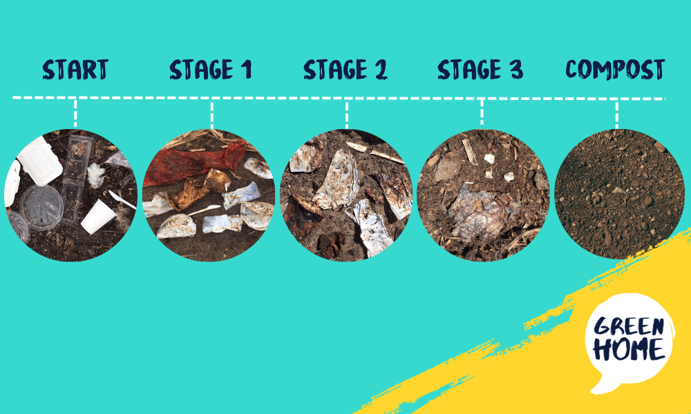 Photos showing Green Home disposable food containers at different stages of the composting trials. From start to finished compost.
